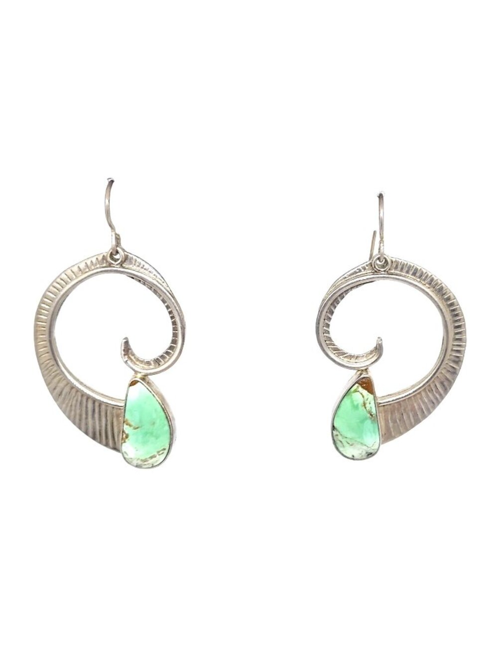 Earrings Variscite Spiral  Silver Hooks 15.3 Gr Tear Drop Green Frame 45mm x 35m